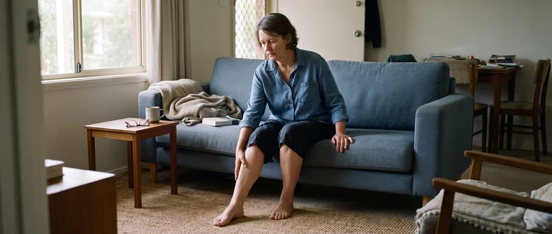 AI-generated scene of a woman resting her tired legs on a sofa at home