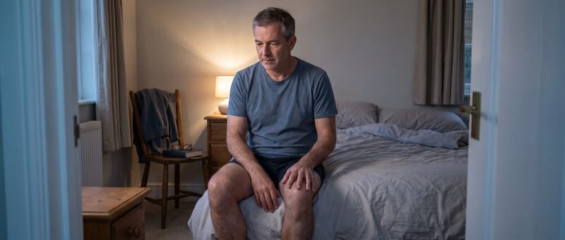 AI-generated scene of a man sitting awake at the edge of his bed