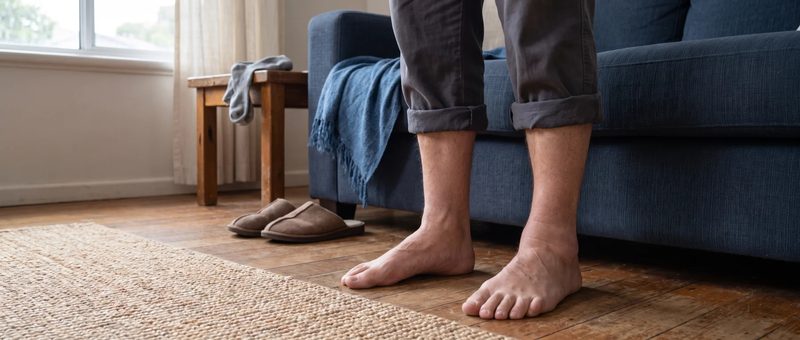 AI-generated scene of bare feet and a puffy ankle beside a living-room sofa